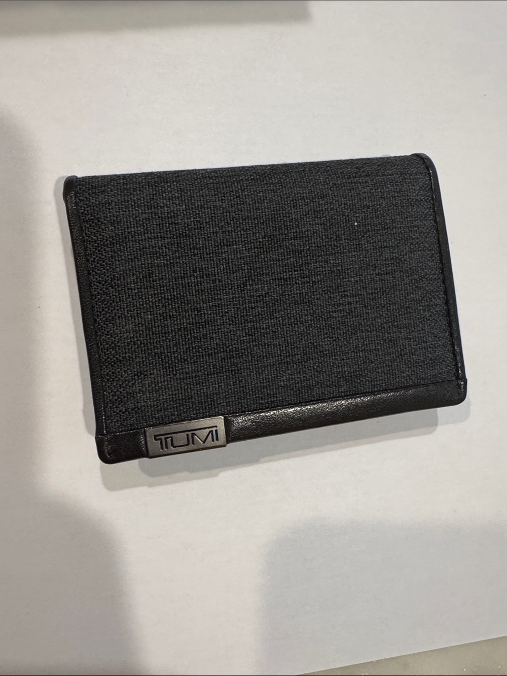 Tumi Black Fabric Card & Leather Trim Holder with Metal Logo